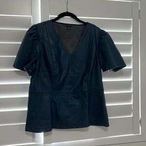 Ann Taylor midnight spruce faux leather puff sleeve peplum top. Large. Worn once